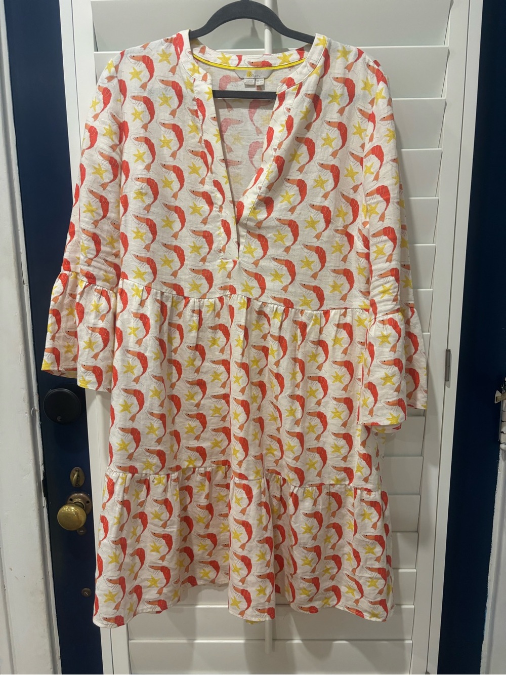 Boden White Dress with Red Crescent Shrimp and Yellow Star Print Linen
